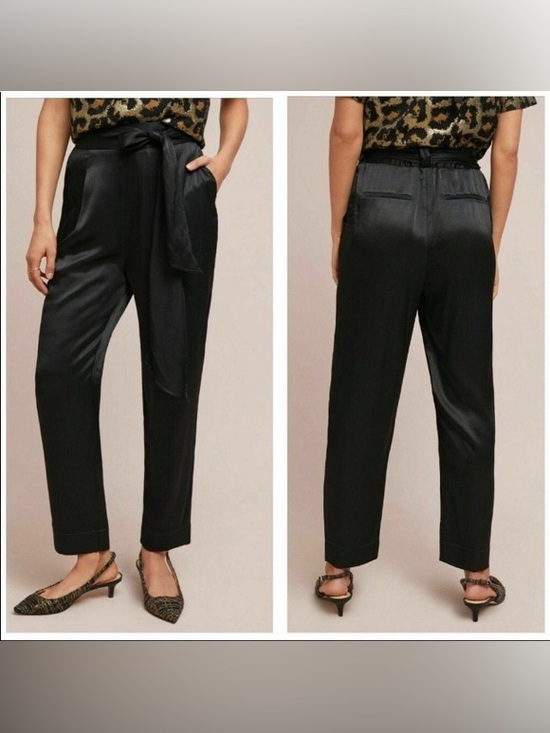Anthropologie Pants - Anthropologie Ettitwa Black Satin Tie-Waist Tapered Pants Size 8